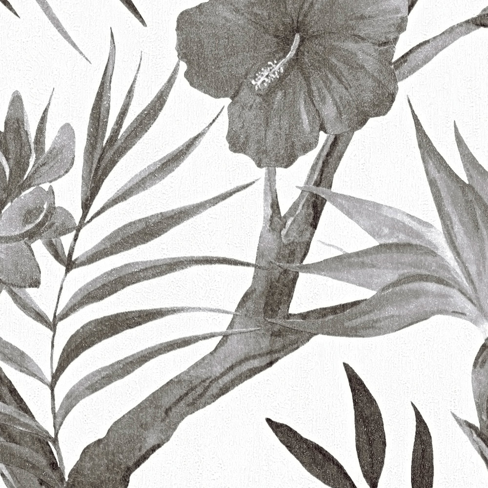             Jungle bloemen vliesbehang in subtiele kleuren - zwart, wit, grijs
        