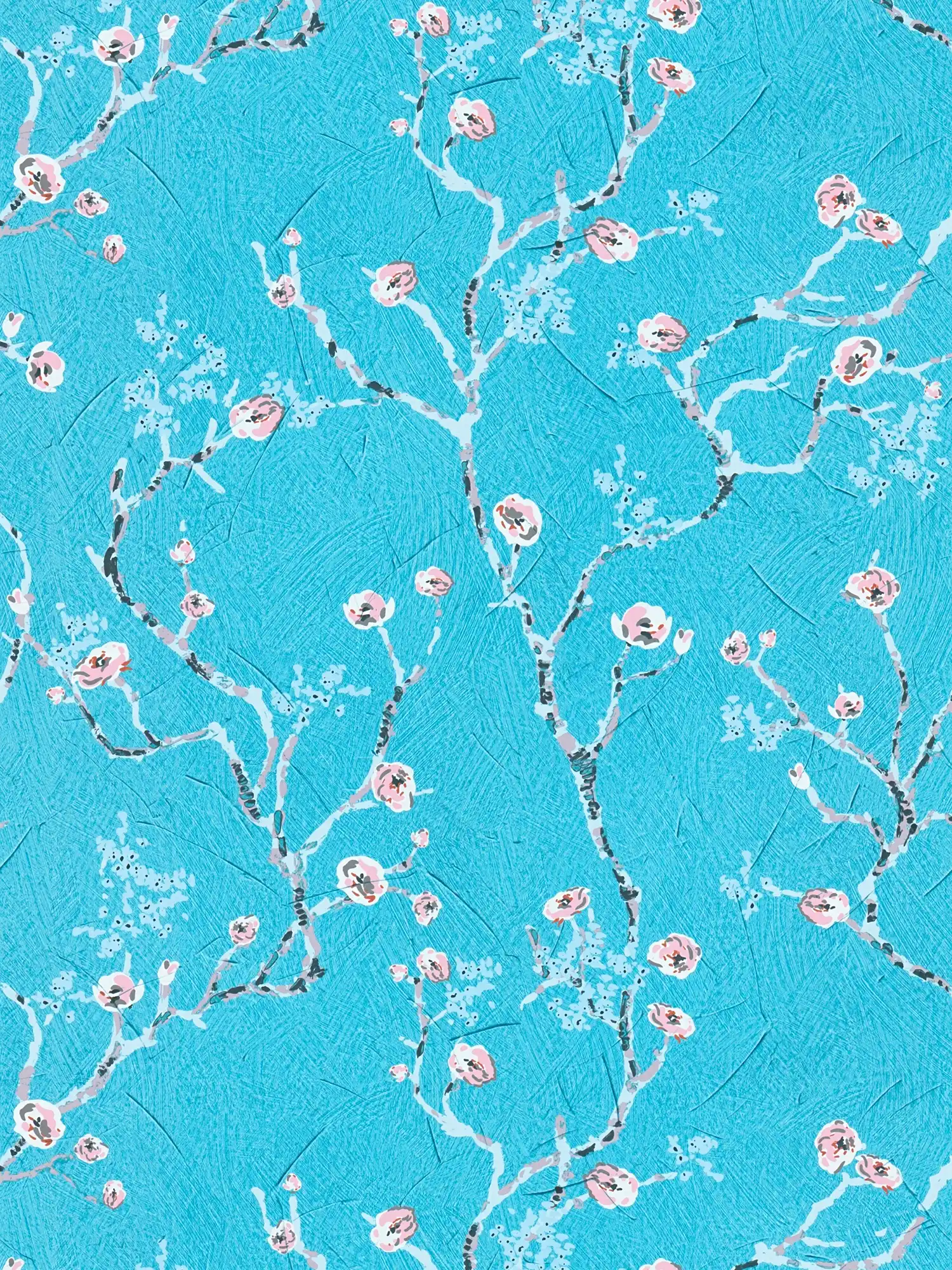 Blauw behang met kersenbloesemmotief in Japanse stijl
