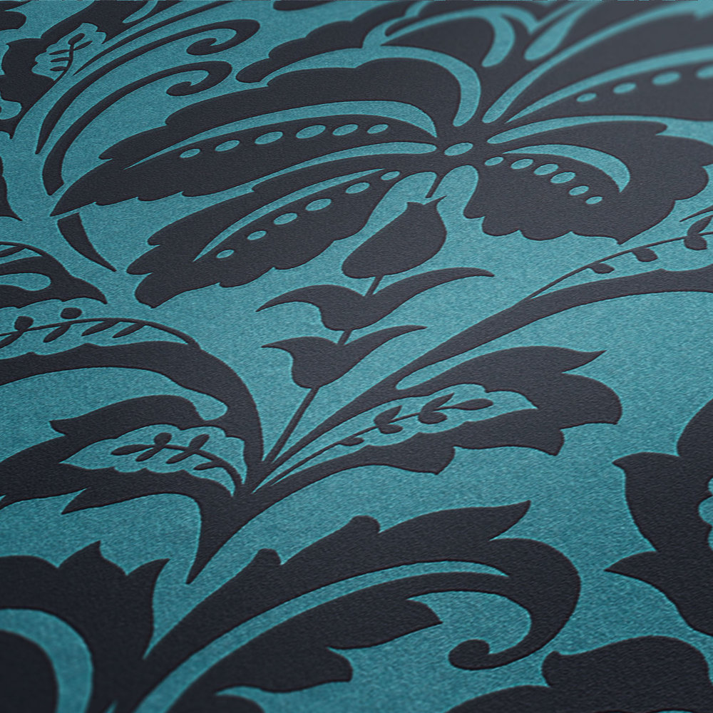             Papier peint néo-classique Ornament, floral - bleu, noir
        