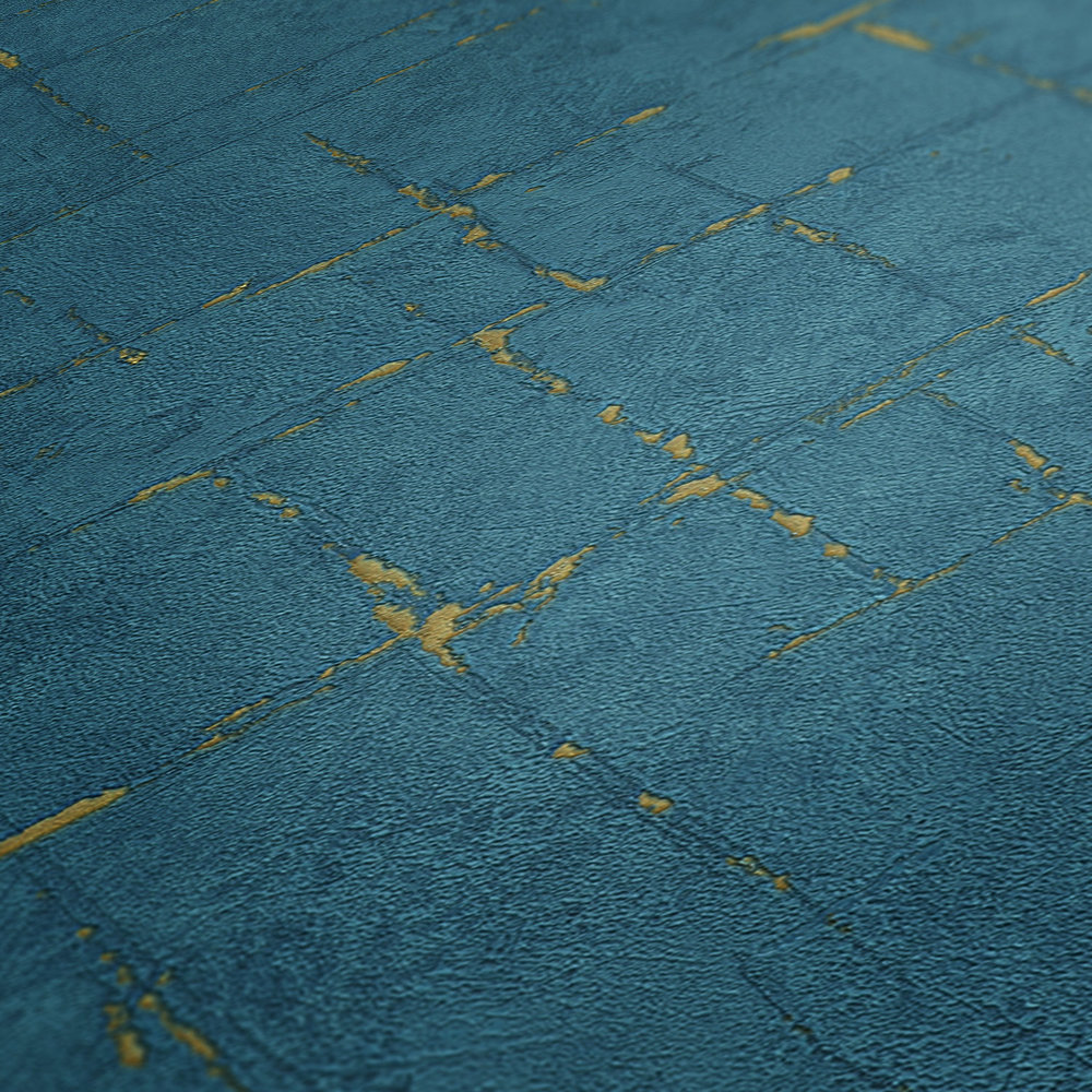             Papel pintado con aspecto de yeso y efecto metálico - azul, dorado
        