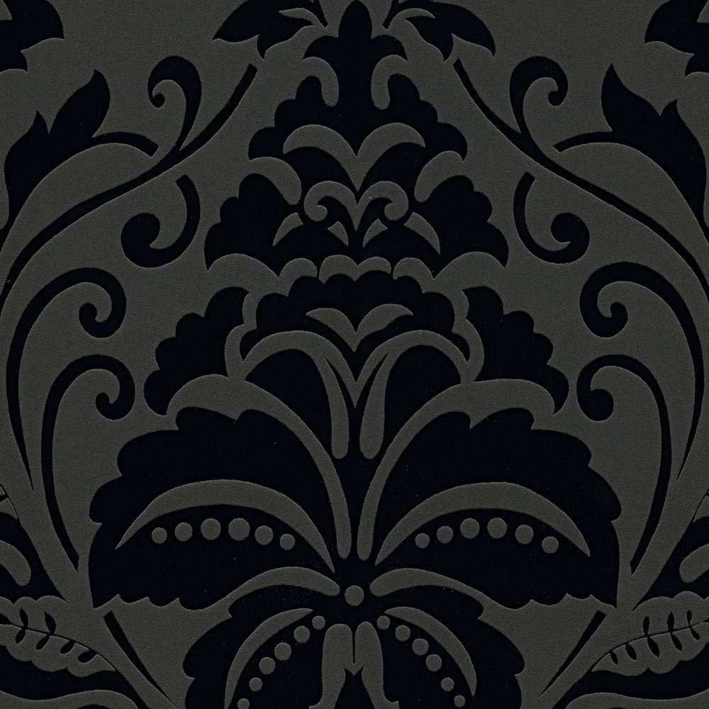             Carta da parati ornamentale a motivi floreali, contrasto opaco/lucido - nero
        
