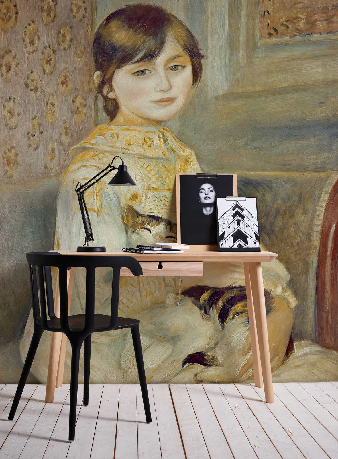             Mademoiselle Julie met kat" muurschildering van Pierre Auguste Renoir
        