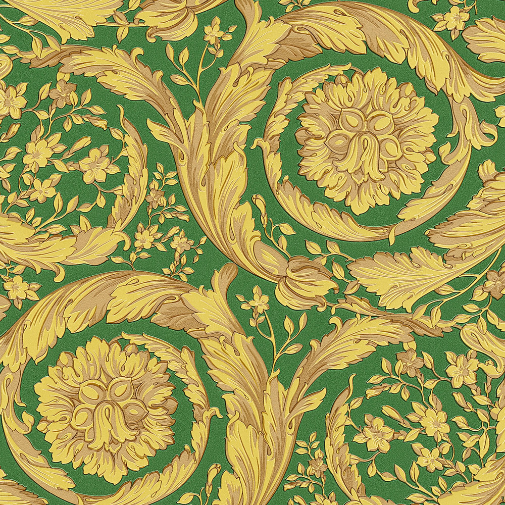             VERSACE behang ornamenteel bloemenpatroon - groen, metallic, geel
        