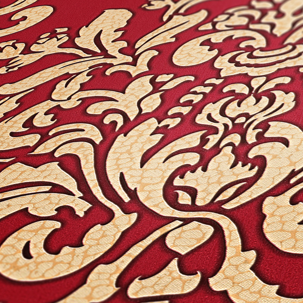             Papier peint ornemental avec effet craquelé - beige, rouge
        