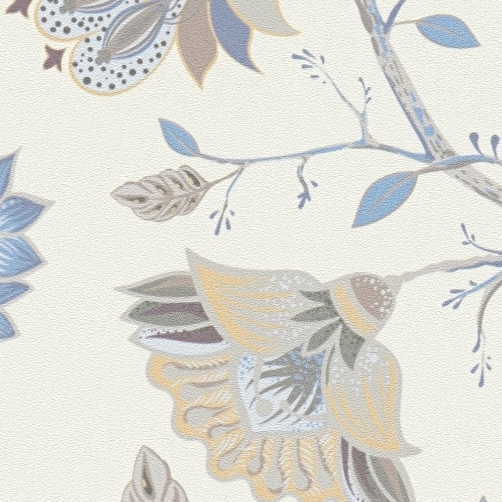             Papier peint intissé à motifs floraux - bleu, crème, gris
        