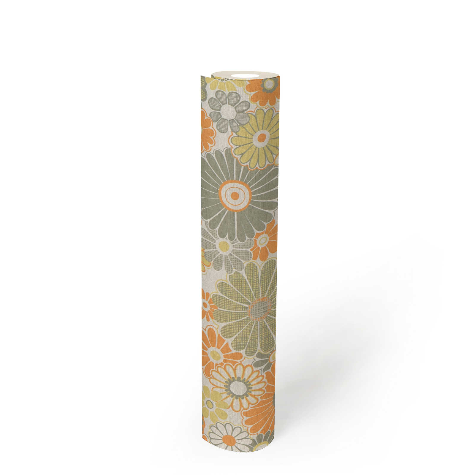             papier peint en papier fleuri légèrement structuré de style rétro - orange, vert, blanc
        