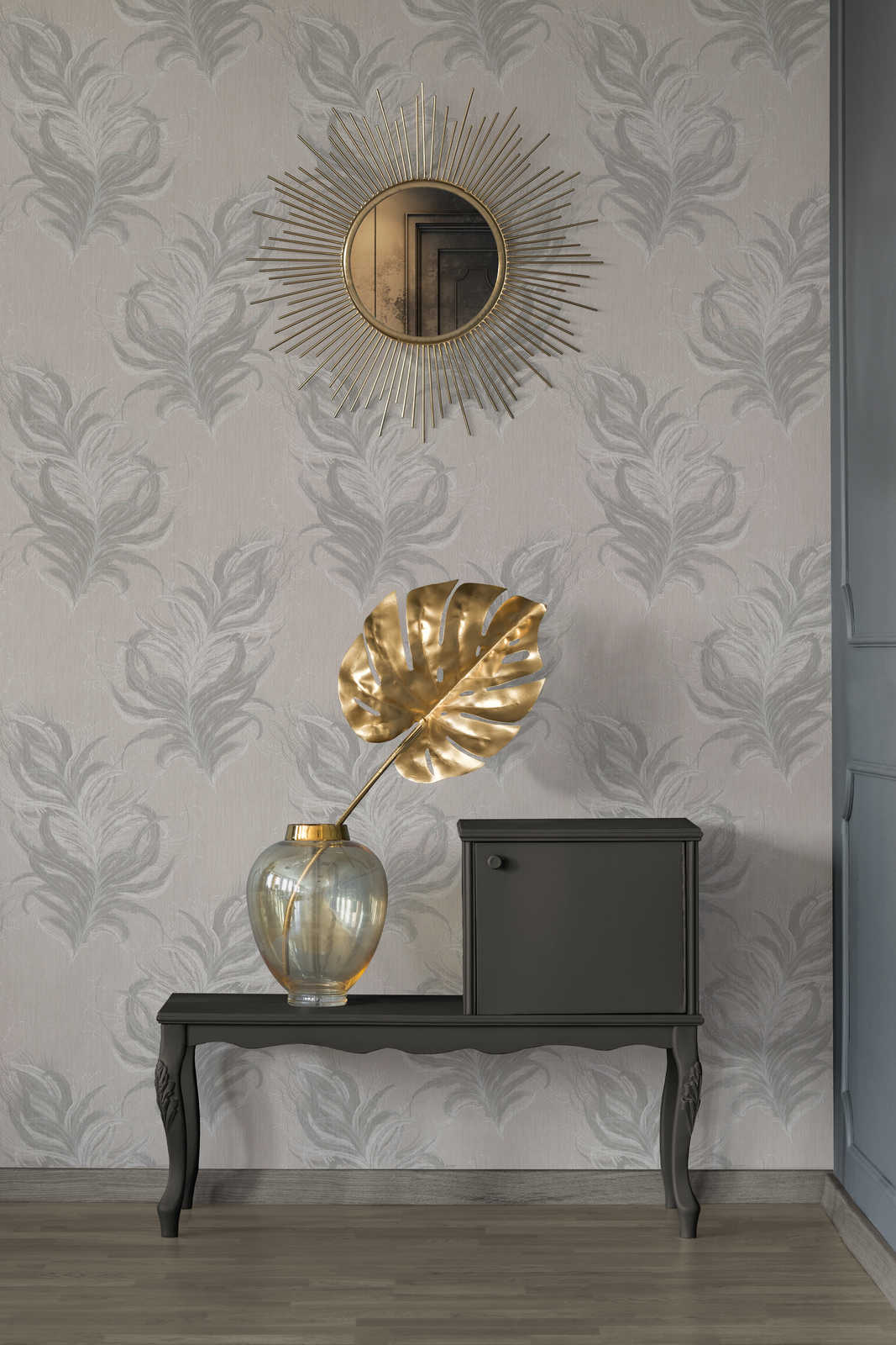             Non-woven wallpaper with feathers design & structure gloss effect - grey, white
        