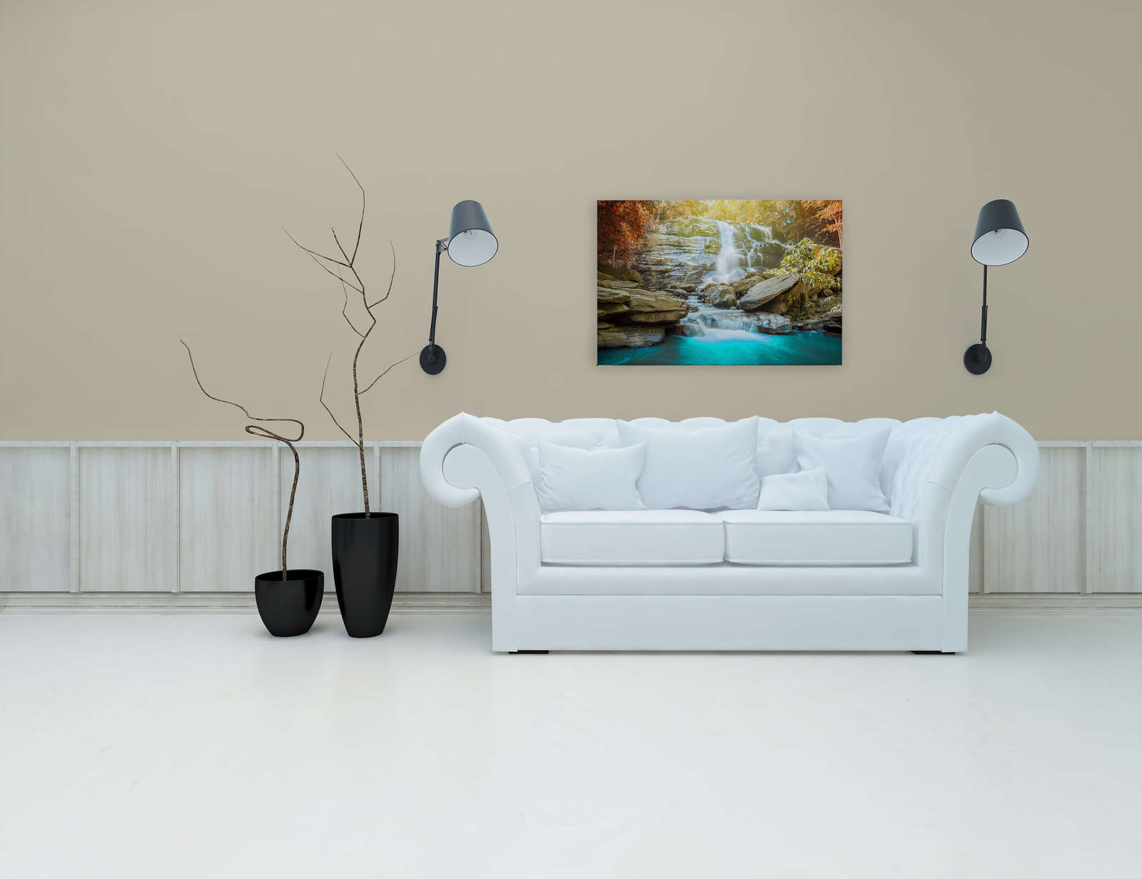             Canvas toont Idyllisch bos met waterval - 0,90 m x 0,60 m
        