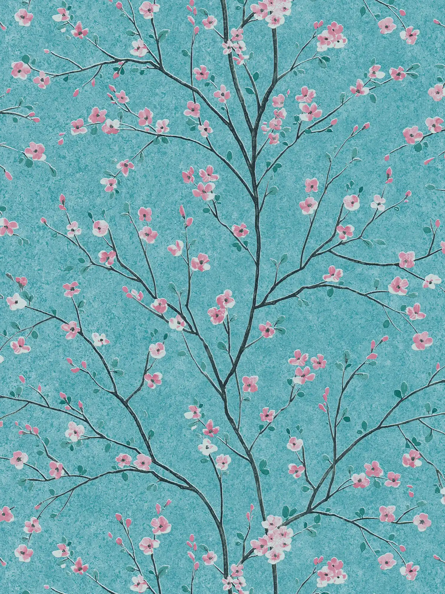 Carta da parati giapponese con fiori di ciliegio - Blu, verde, rosa
