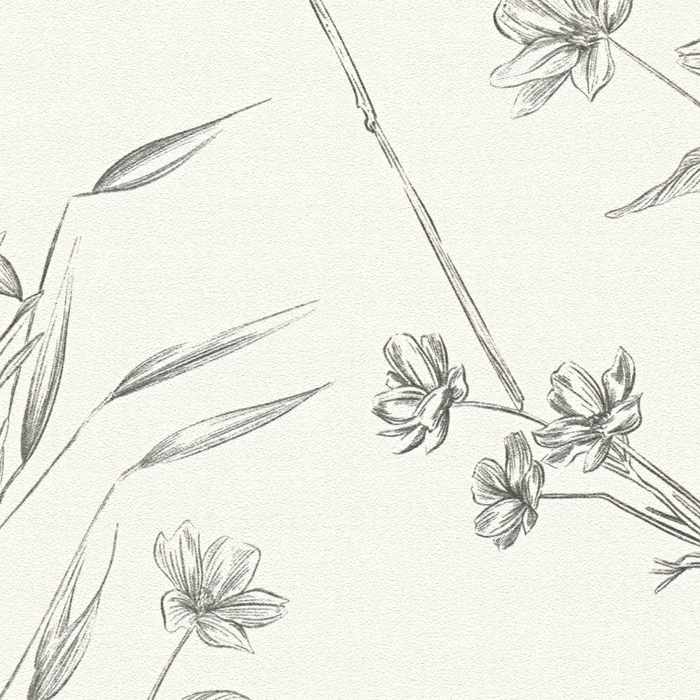             Carta da parati floreale con foglie e farfalle, opaca - bianco, nero
        