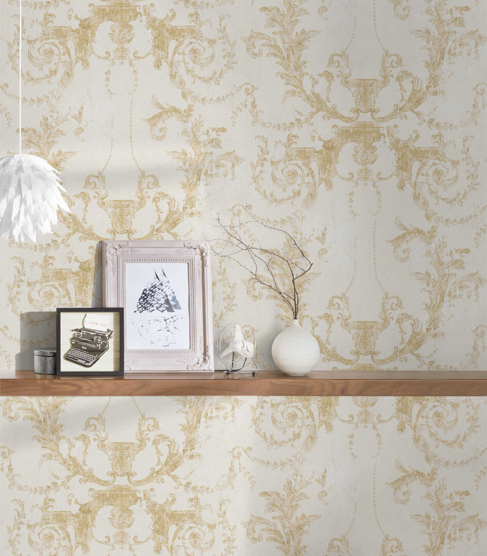             Ornament wallpaper vintage style & rustic - gold, cream
        
