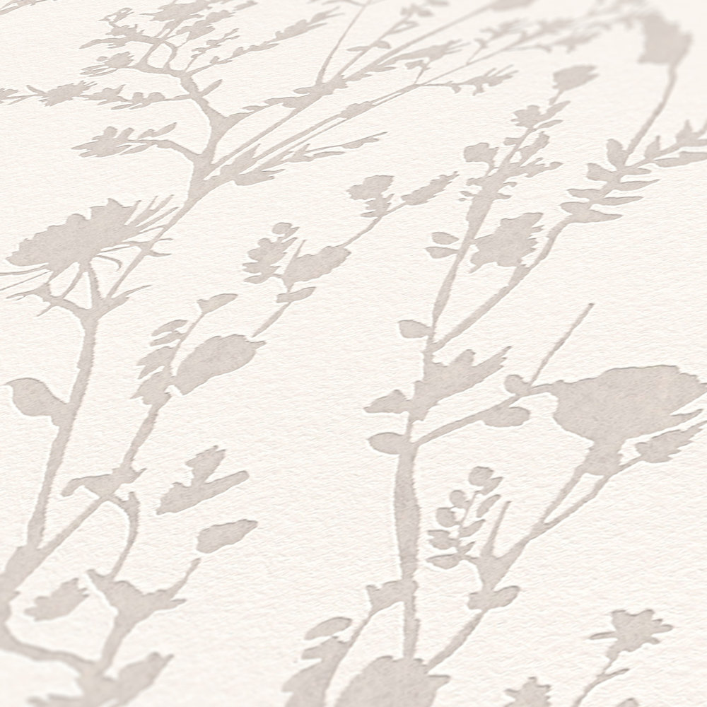             papier peint en papier intissé doux motifs d'herbes et de fleurs - blanc, gris
        
