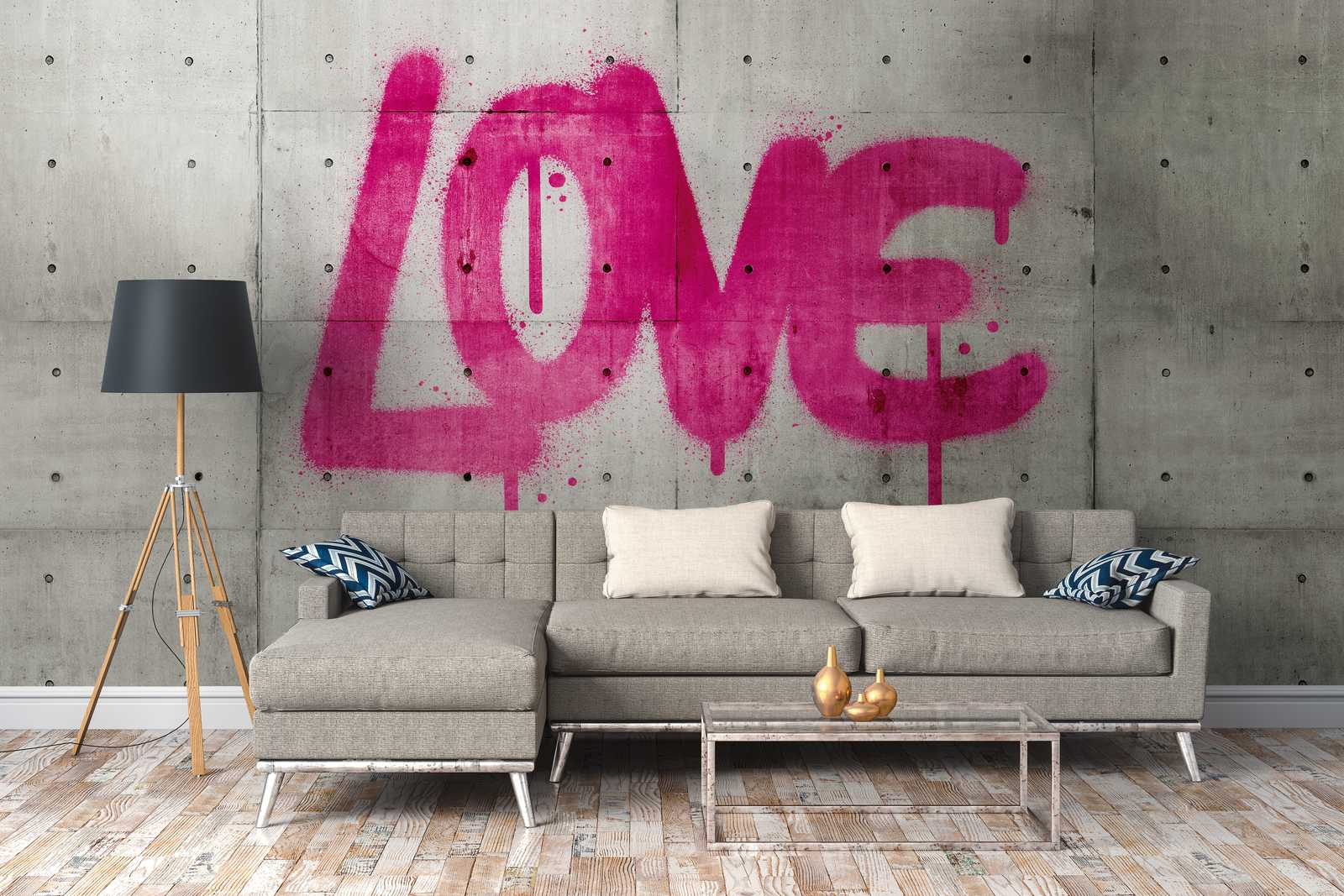             Behang noviteit - beton motief behang LOVE graffiti, grijs & roze
        