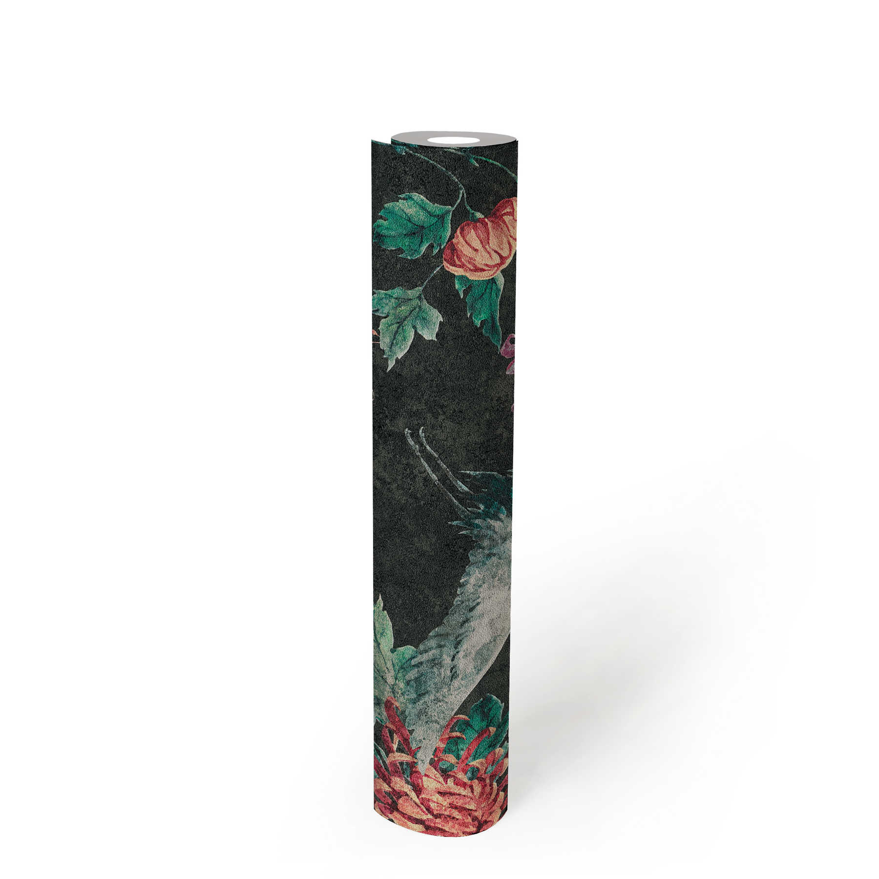             Papier peint à motifs avec grues et fleurs asiatiques - noir, rouge, vert
        