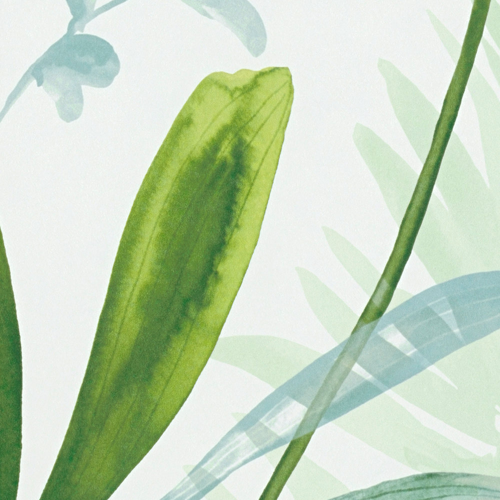             Vliesbehang groene bladeren in aquarelstijl - groen, wit
        