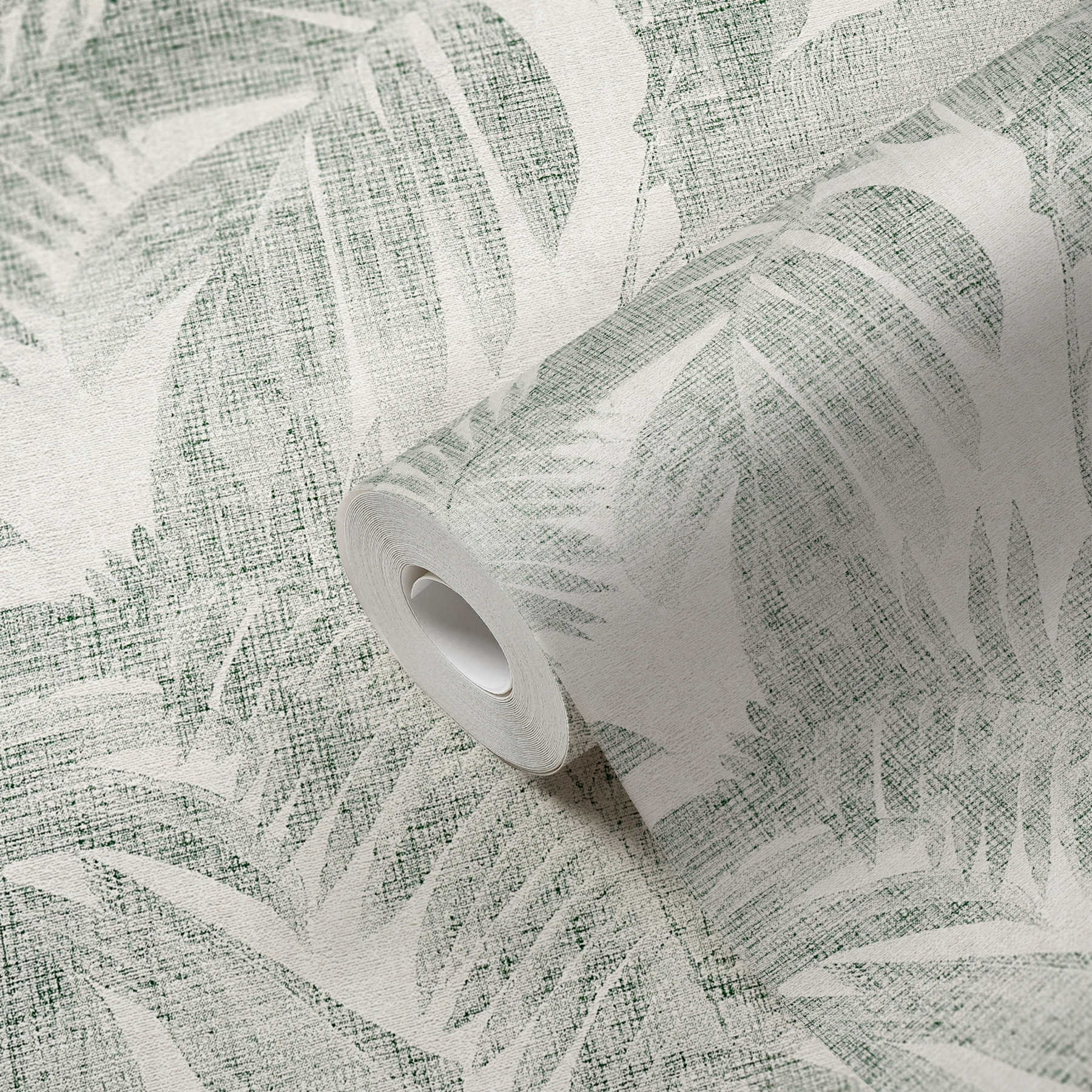             Boho jungle wallpaper with linen look - green, cream, beige
        