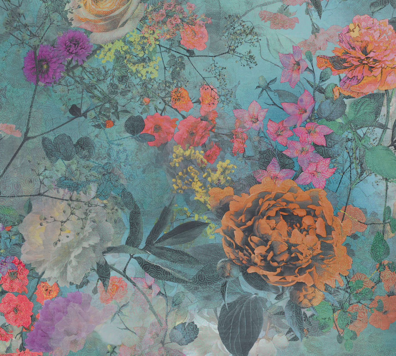             Papel pintado para habitaciones juveniles con motivos florales - Azul, Naranja, Rosa
        