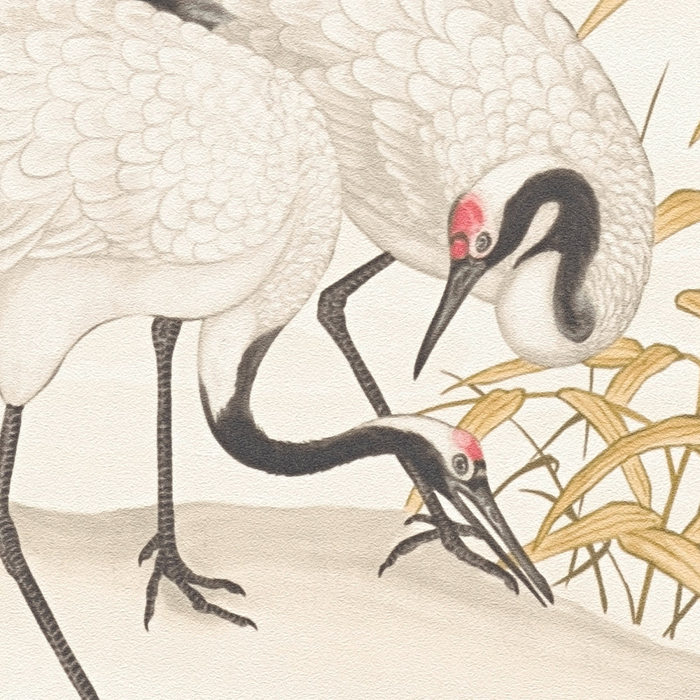             Papel pintado de grulla en estilo asiático con motivos de animales - crema
        