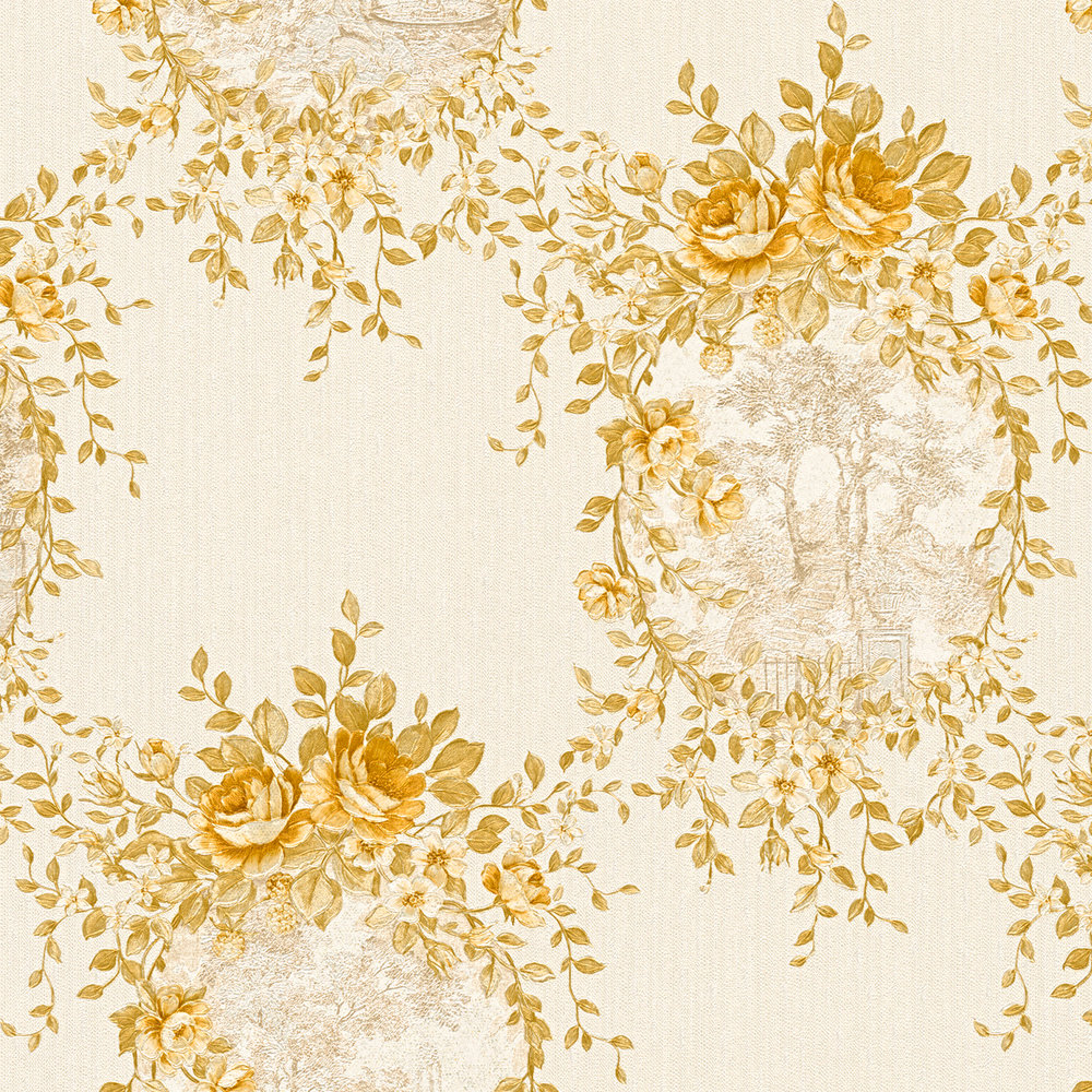             Ornament wallpaper landscape & roses emblem - beige, gold
        