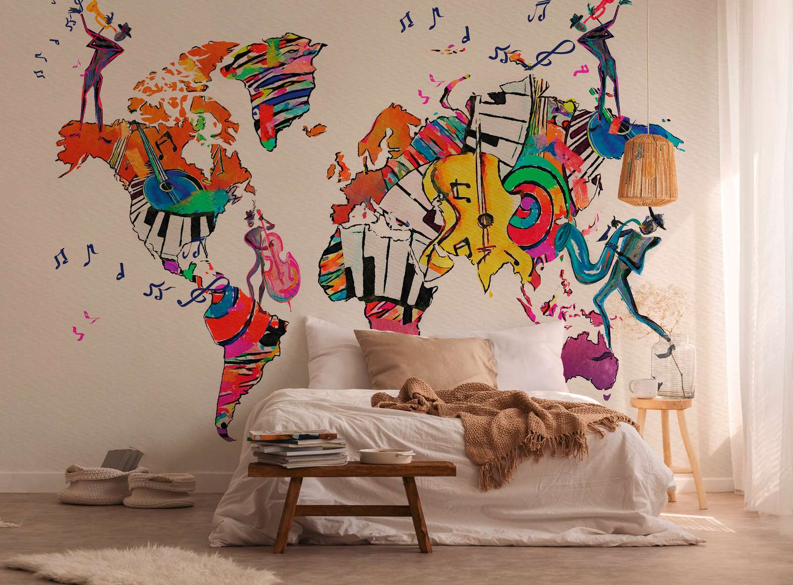             Papier peint panoramique avec carte du monde remplie d'instruments et de clés de sol - multicolore, blanc
        
