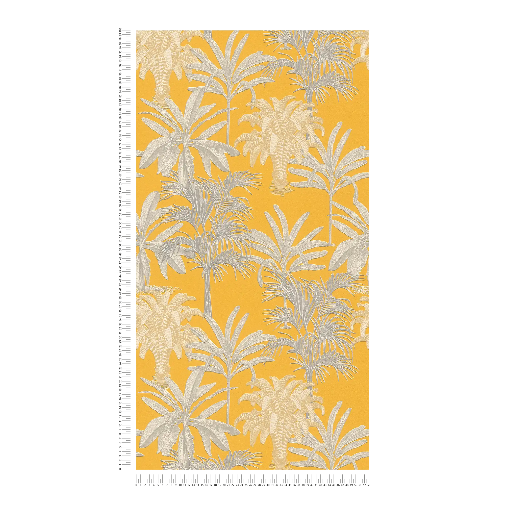             Papier peint palmier jaune moutarde avec motifs structurés - jaune, gris
        