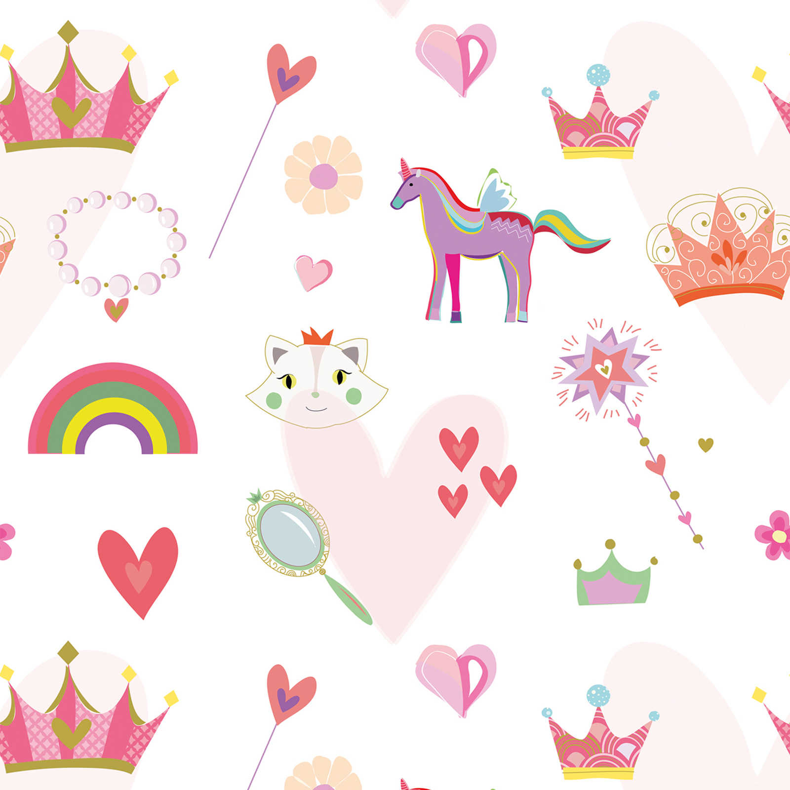 Carta da parati per bambini in stile principessa con cuori e animali - colorata, rosa, bianca
