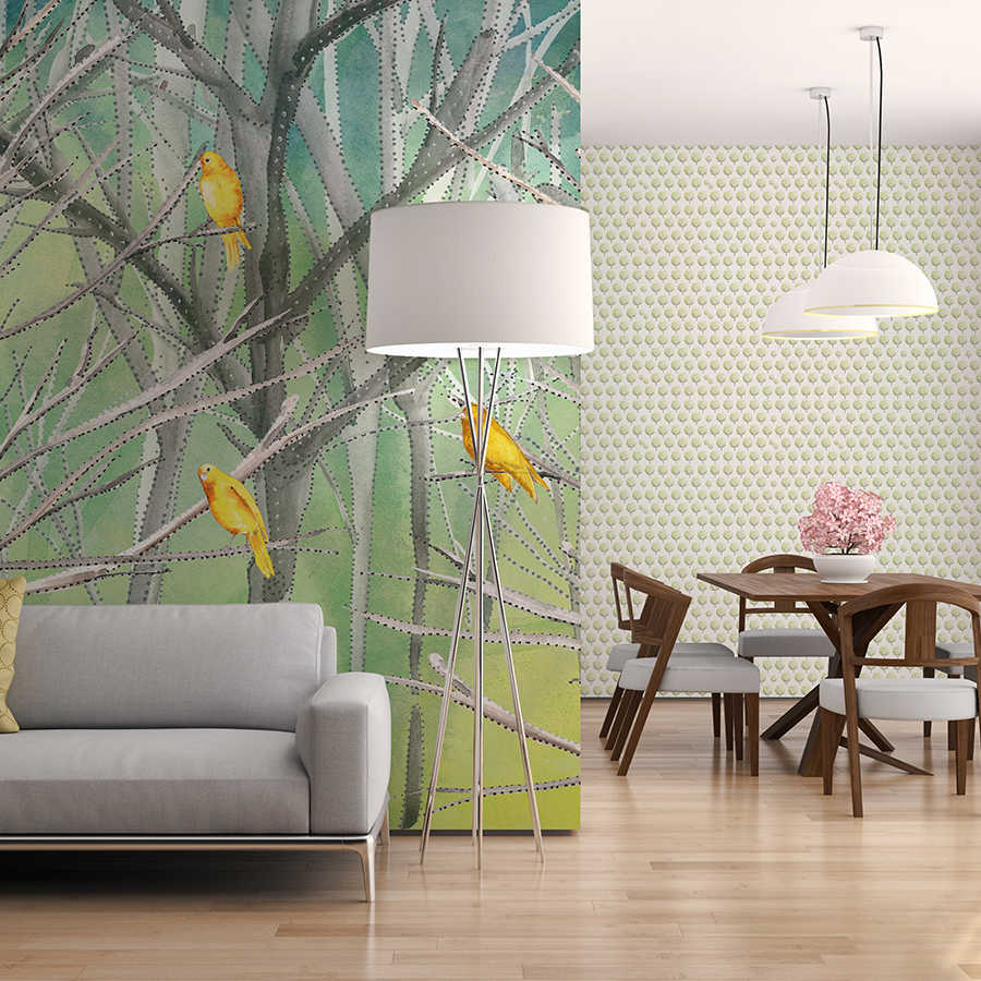 Forest mural with birds in blue and yellow on mother of pearl smooth vinyl
