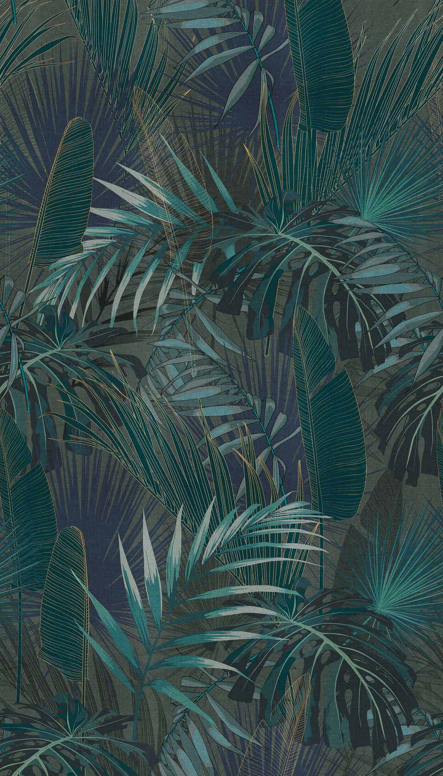             Wallpaper with jungle leaves motif - petrol, blue, green
        