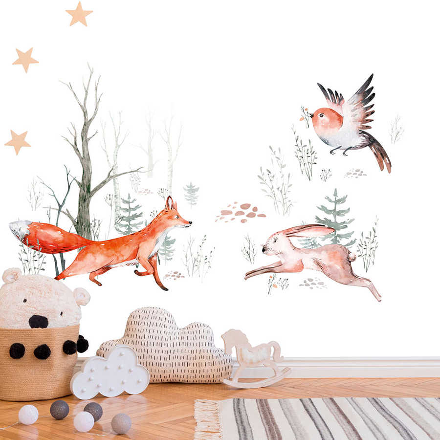 Papier peint avec des animaux dans la forêt pour la chambre d'enfant - orange, vert, blanc

