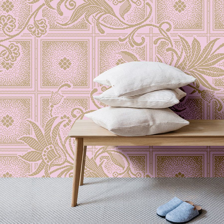Digital behang »vivian« - Pixel stijl vierkantjes met bloemen - Roze | Gladde, licht glanzende premium vliesstof
