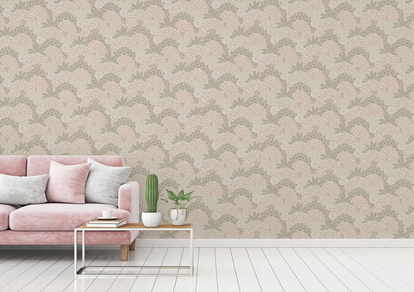             Vintage floral wallpaper with floral design - grey, pink
        