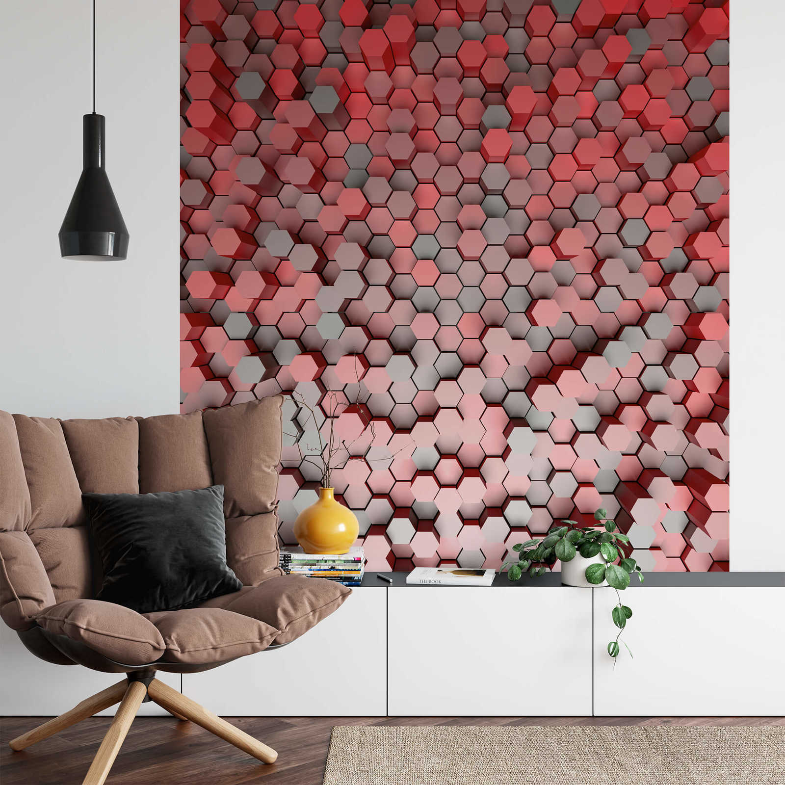             3D Photo wallpaper Hexagon graphic design - red, grey
        