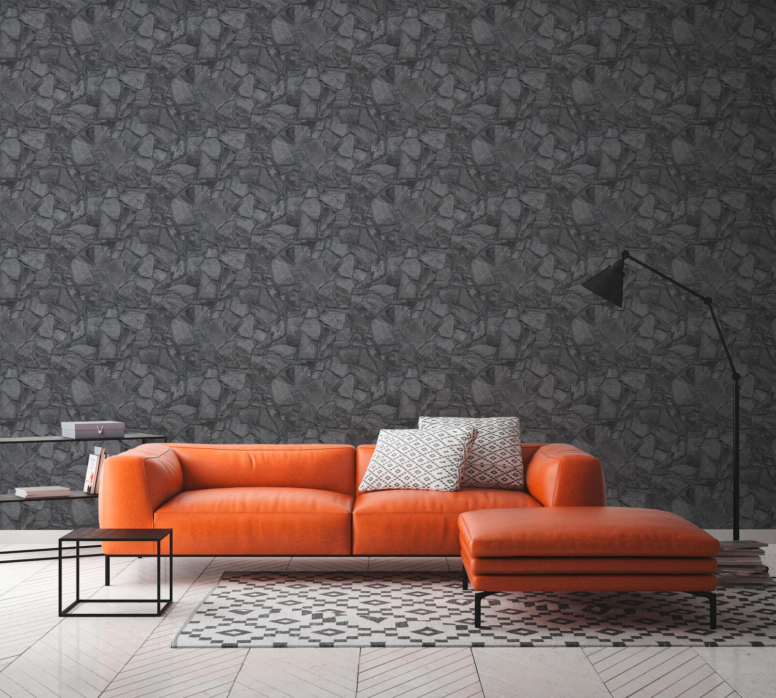             Wallpaper with black natural stone look
        