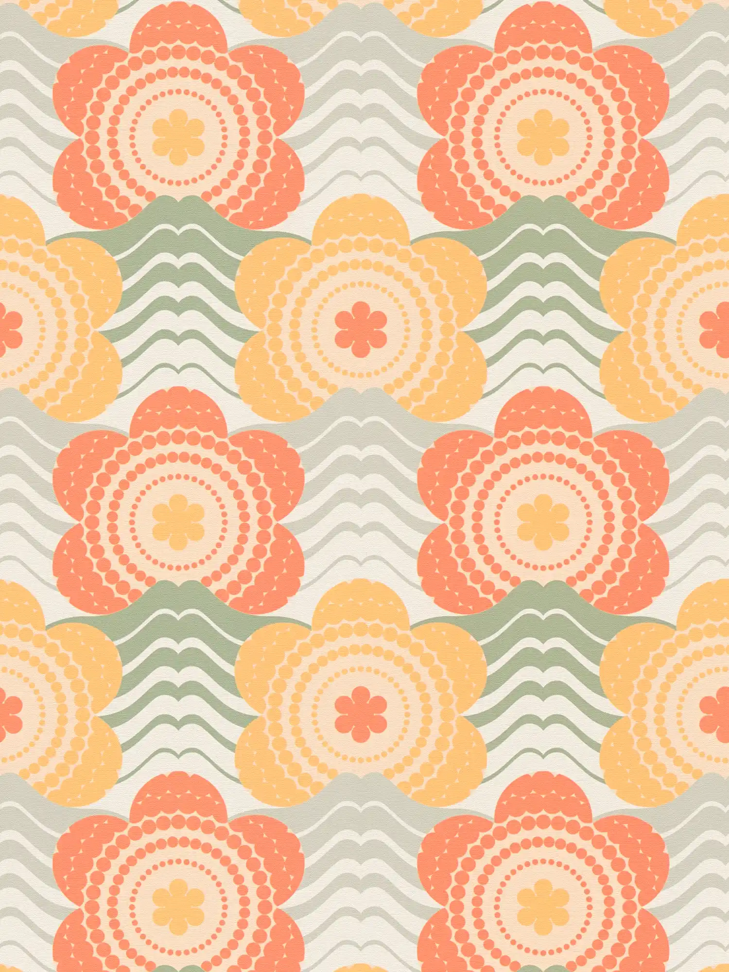 Retro non-woven wallpaper with waves and flowers pattern - orange, yellow, green
