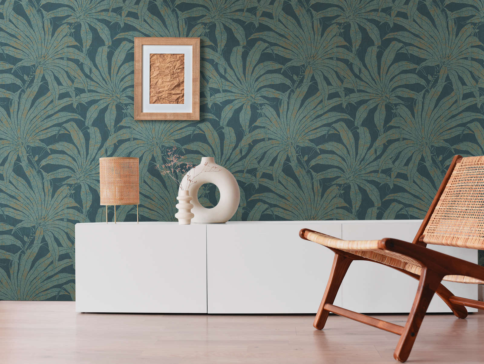             Floral pattern wallpaper with botanical jungle leaves - petrol, gold, blue
        
