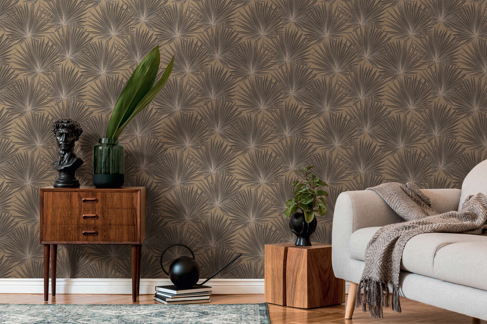             Non-woven wallpaper with palm leaves and glossy effect - brown, black
        