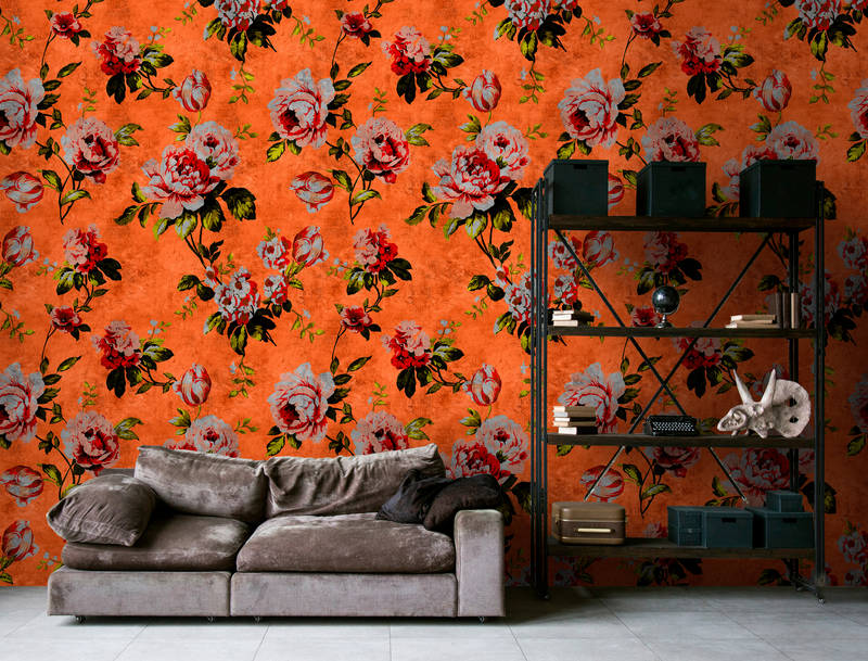             Wild roses 2 - Roses photo wallpaper in scratchy structure in retro look, Orange - Yellow, Orange | Premium smooth fleece
        