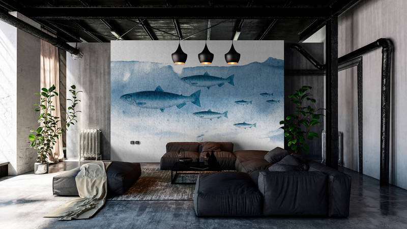             Into the blue 1 - Fish watercolour in blue as a photo wallpaper in natural linen structure - Blue, Grey | Premium smooth non-woven
        