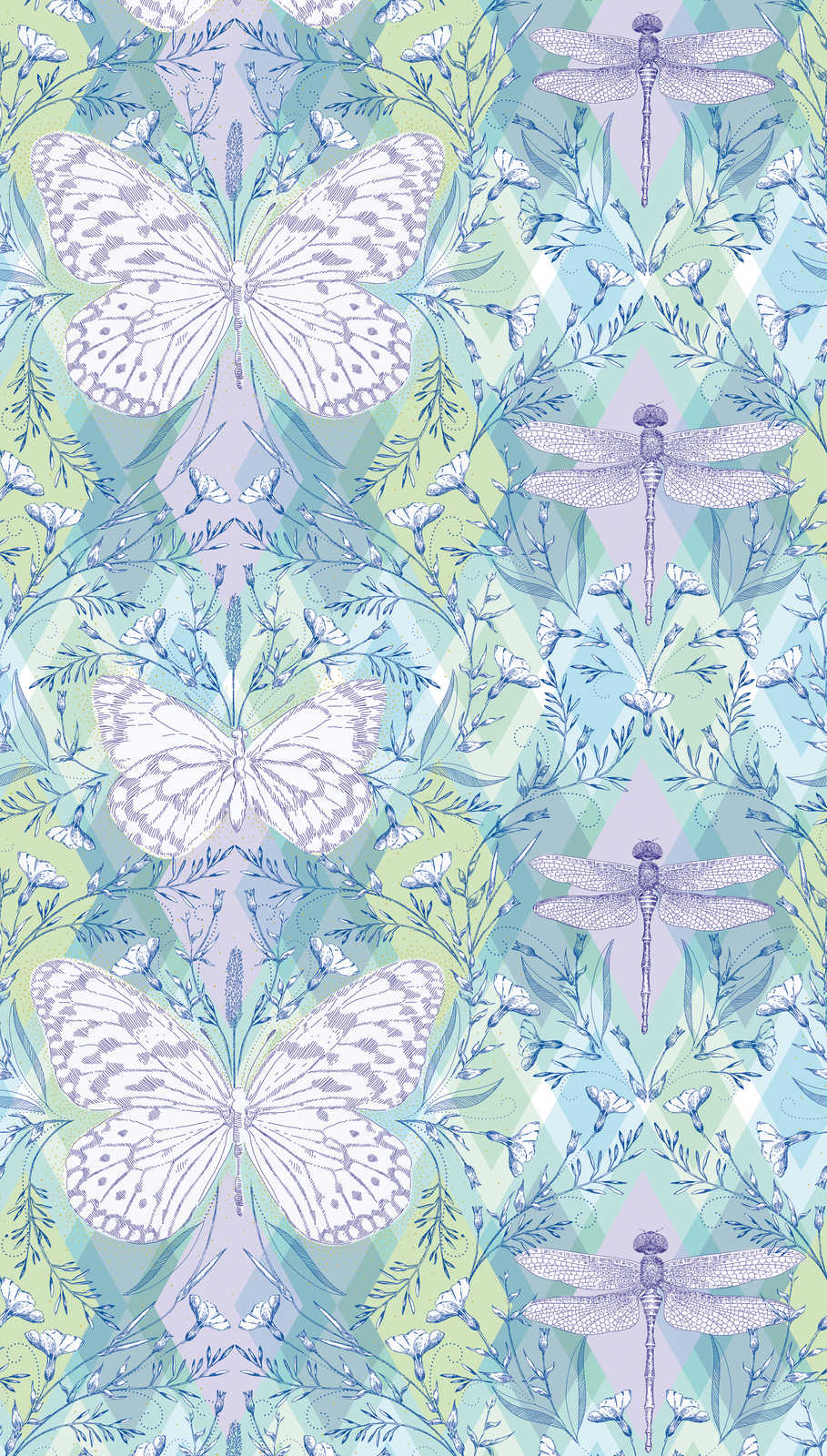             Papier peint à motifs losanges avec papillons et libellules - multicolore, vert, violet
        