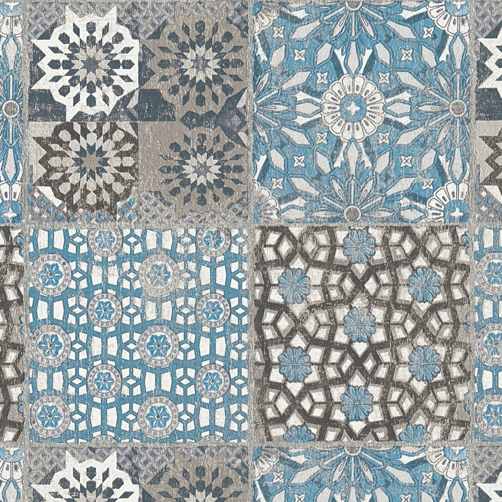             Papier peint carrelage avec motif rétro & aspect usé - bleu, gris
        