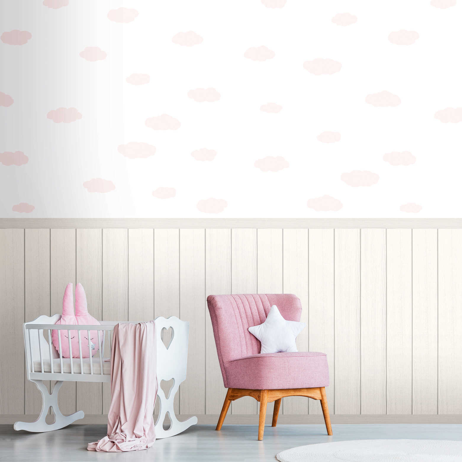 Non-woven motif wallpaper with wood-effect plinth border and cloud pattern - white, pink, grey
