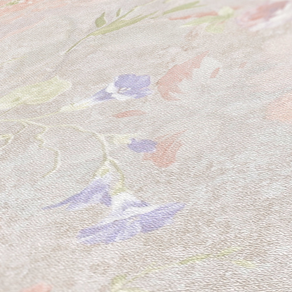             Bloemrijkbehang geschilderd patroon PVC-vrij - grijs, veelkleurig, roze
        