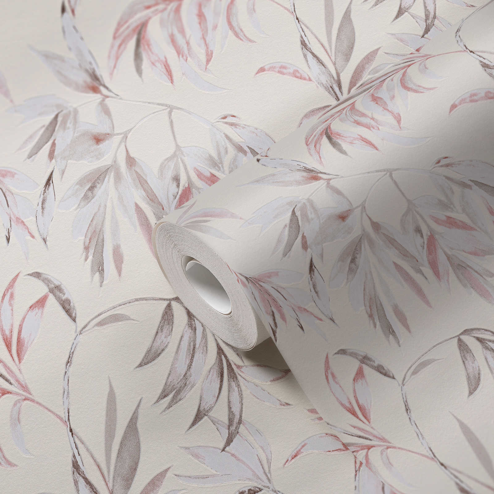             Feuilles et rinceaux papier peint intissé design naturel - beige, rose
        