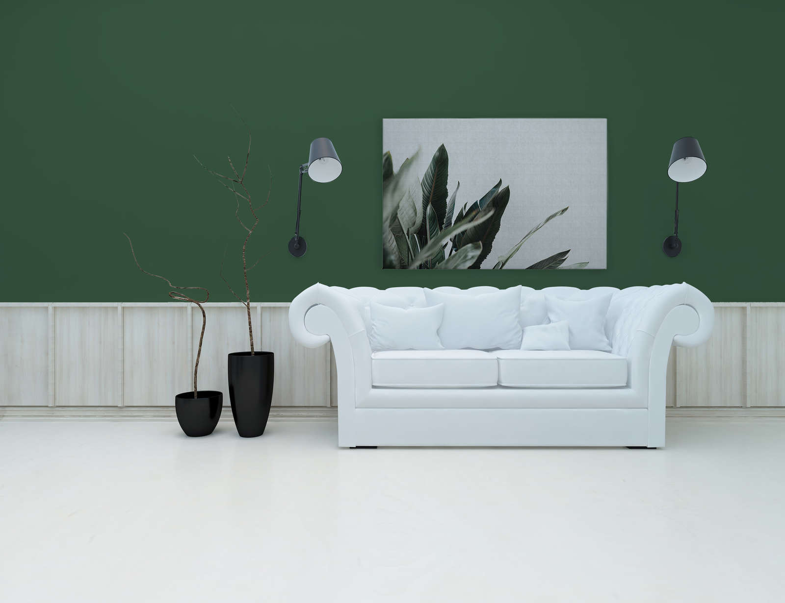             Urban jungle 1 - Canvas painting with palm leaves in natural linen look - 1.20 m x 0.80 m
        