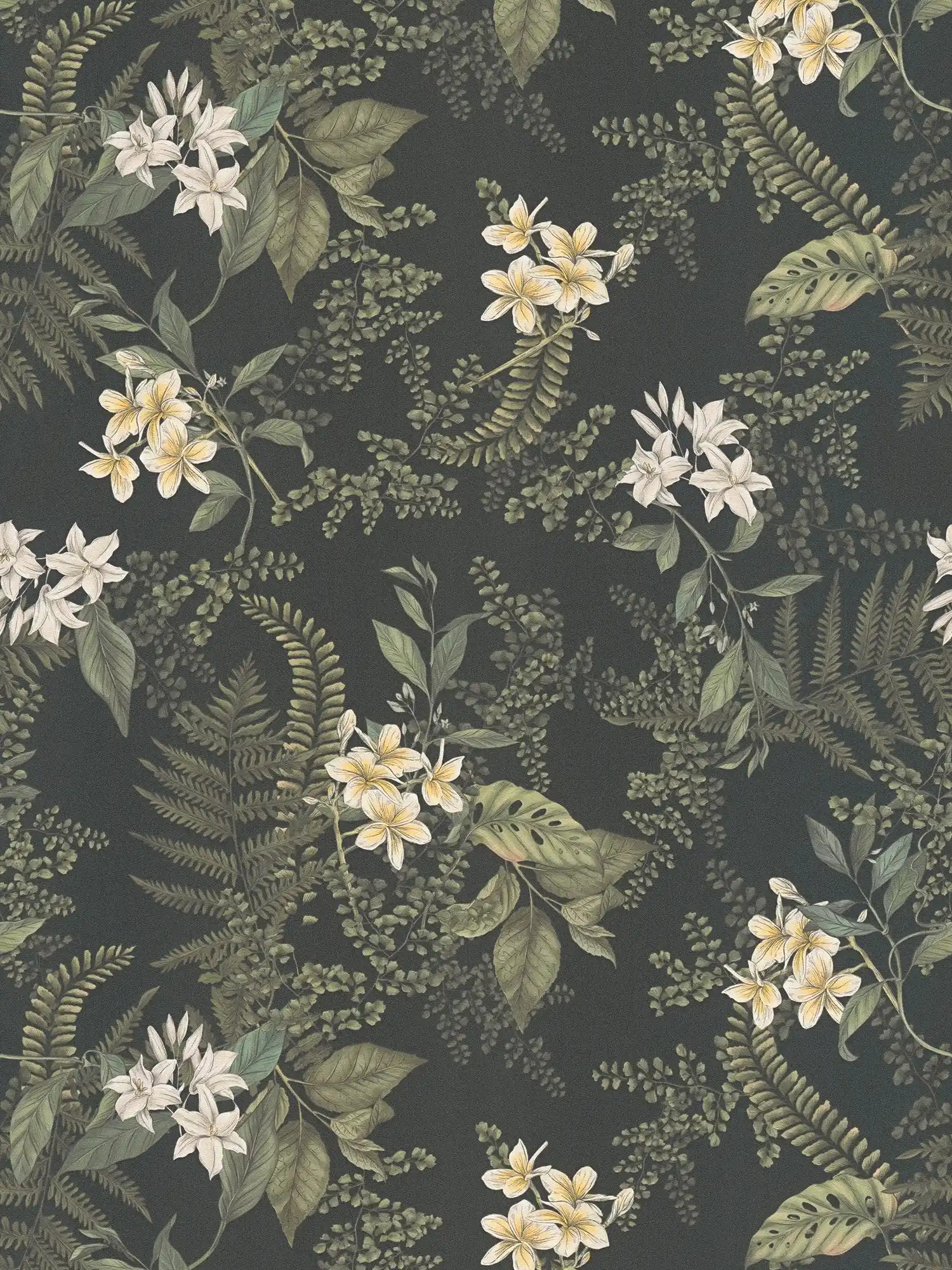 Modern wallpaper floral with flowers & grasses textured matt - black, dark green, white
