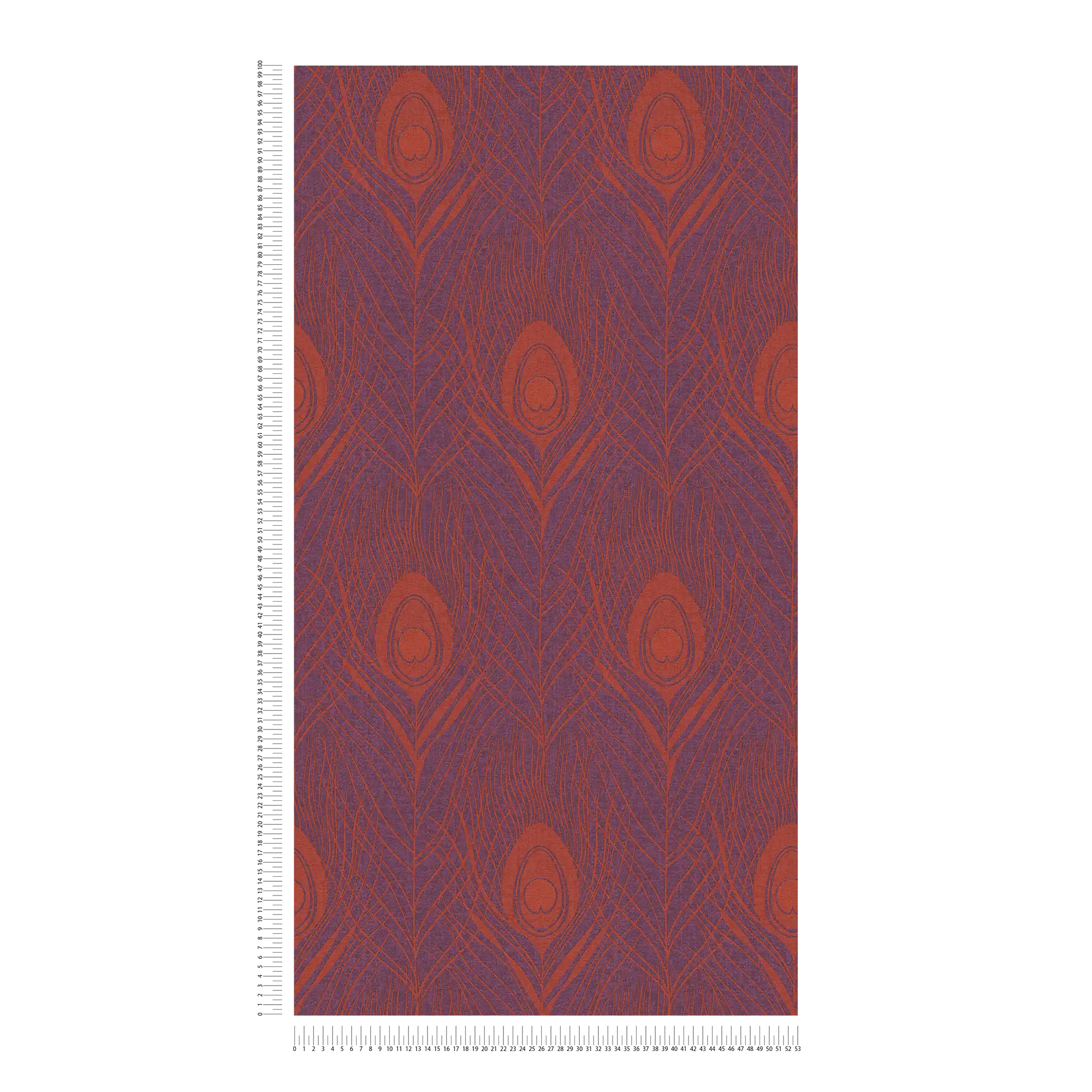             Magenta non-woven wallpaper with peacock feathers - red, purple, gold
        