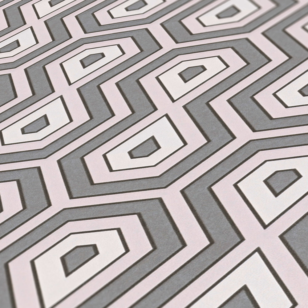             Wallpaper metallic retro pattern with 70s graphic design - pink, grey, white
        