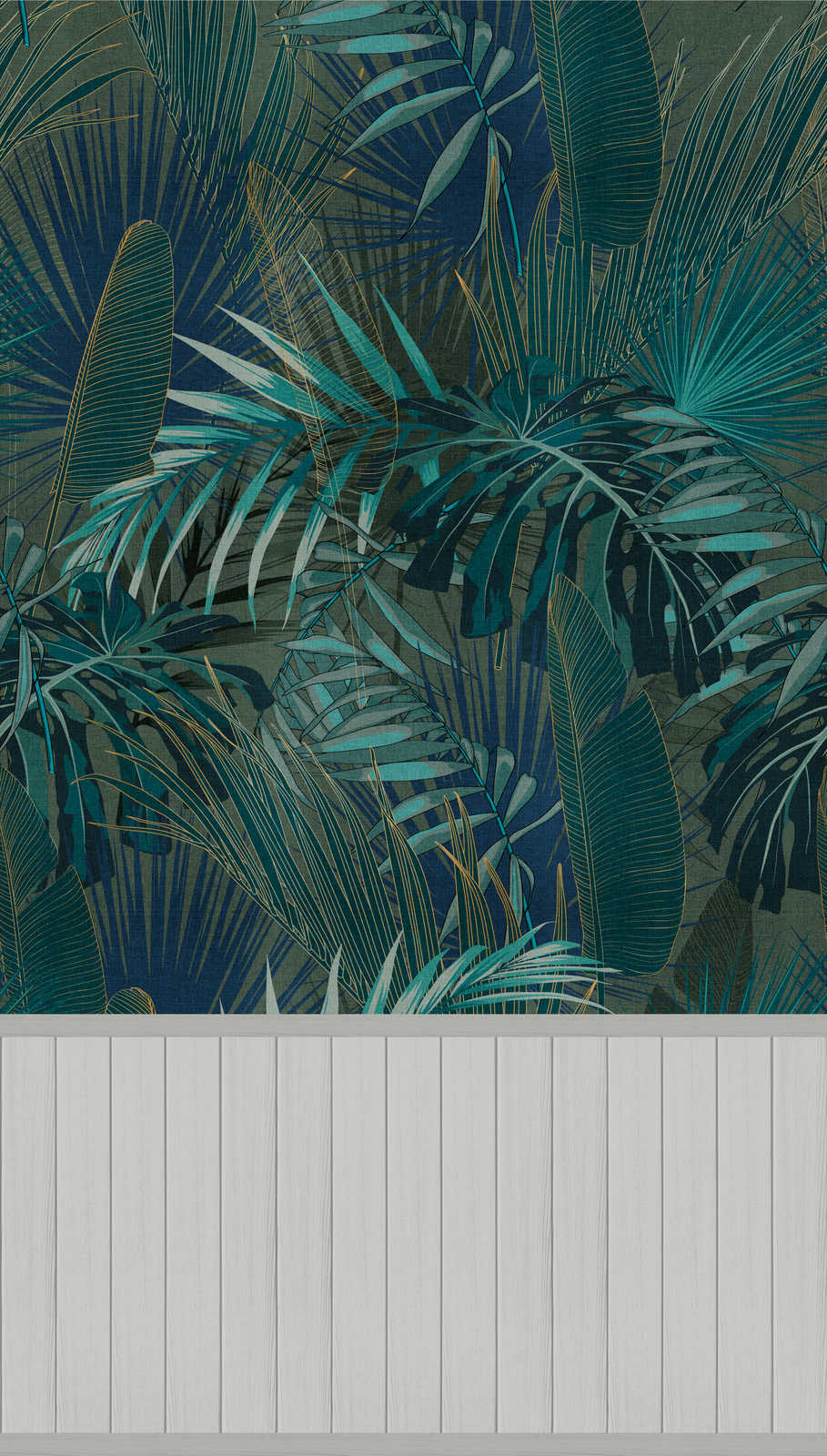             Carta da parati non tessuta con bordo a zoccolo effetto legno e motivo jungle - grigio, blu, turchese
        