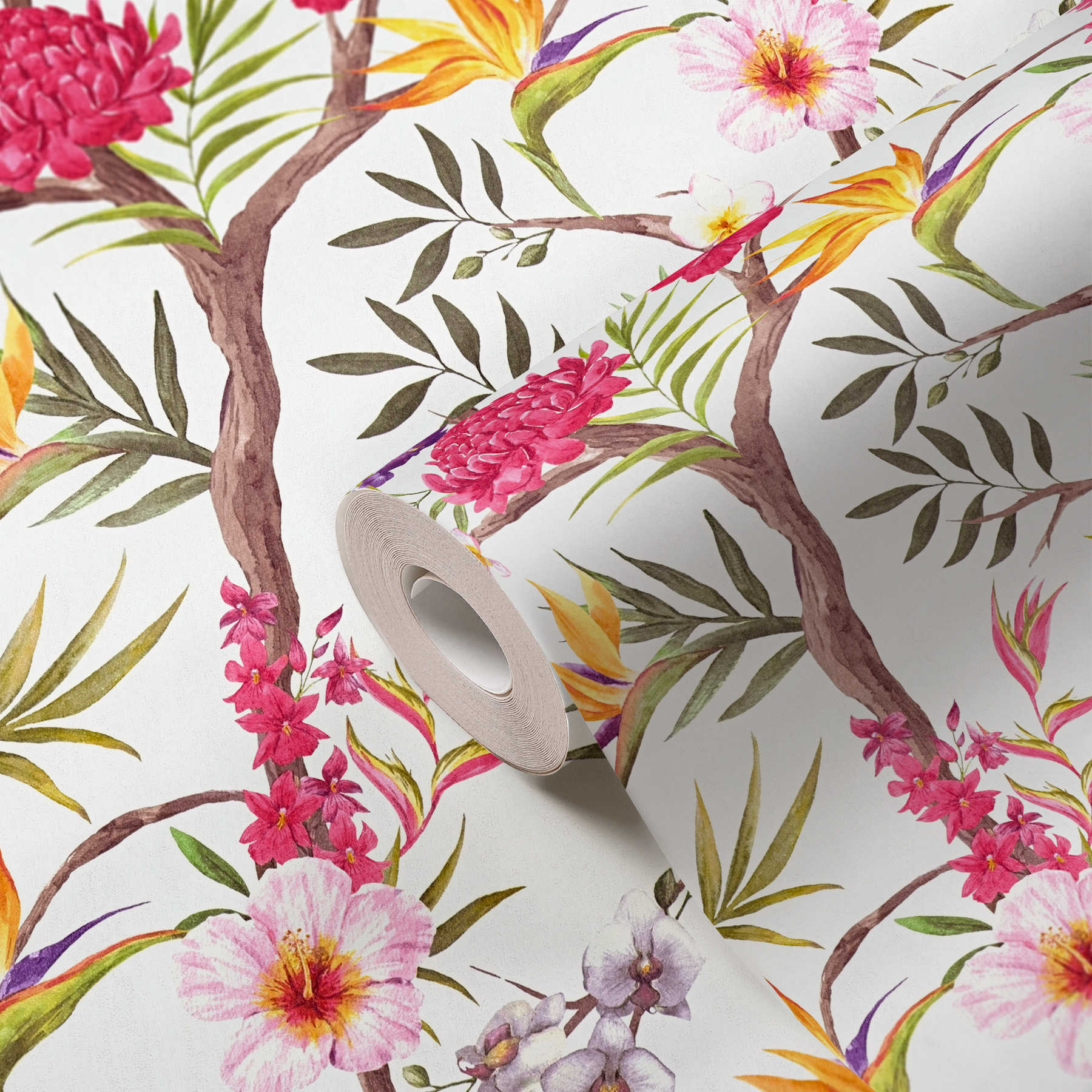             Jungle flowers non-woven wallpaper in vivid colours - colourful, red, yellow, brown, green
        