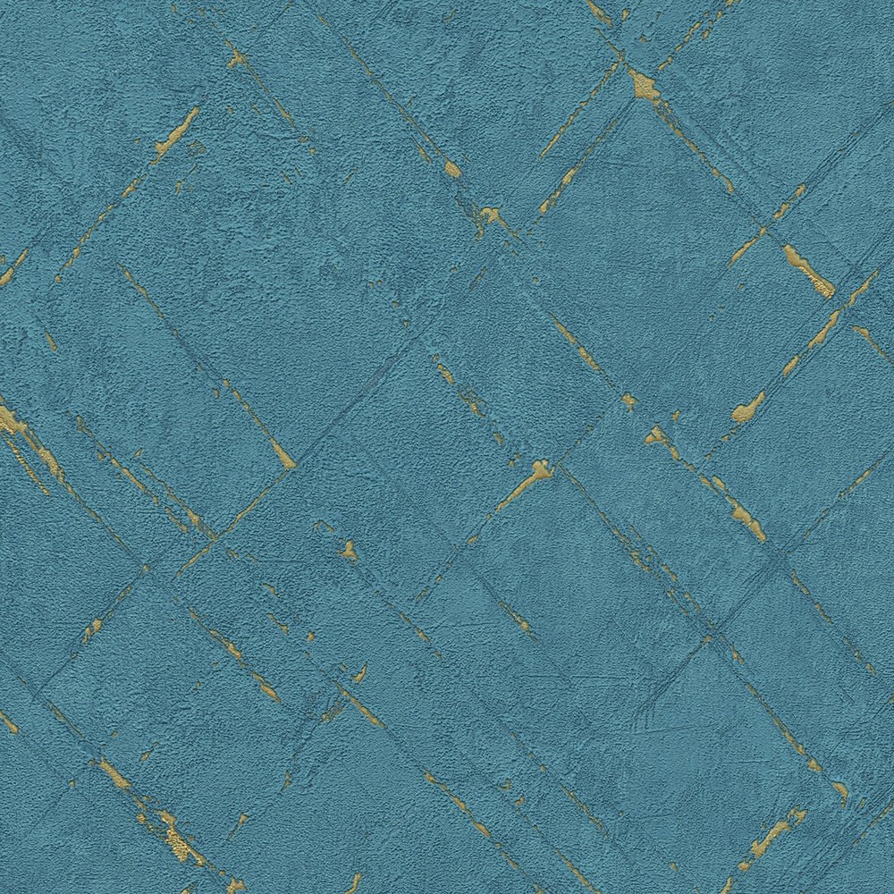             Petrol-kleurig behang, gipslook & metallic effect - blauw, goud
        